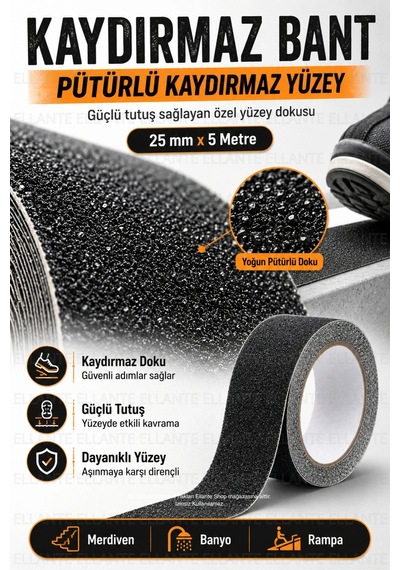 Kaydırmaz Bant 25 Mm X 5 Metre, Pütürlü Yüzeyli Güçlü Yapışkanlı Merdiven Banyo Rampa Zemin Güvenlik