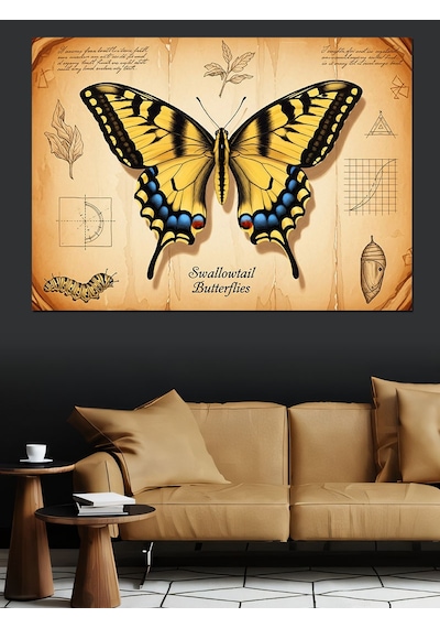 Swallowtail Butterflies Sarı Kırlangıç Kuyruklu Kelebek Eskiz Fonlu Dekoratif Kanvas - Mdf Ahşap Tablo