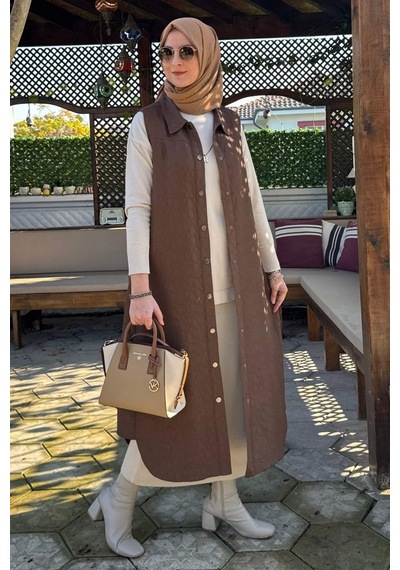 Rabia Şamlı Safir Kapitone Yelek Kahve Çok Renkli