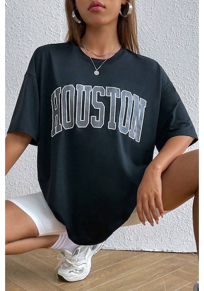 Unisex Houston Baskılı Tasarım Tshirt Siyah