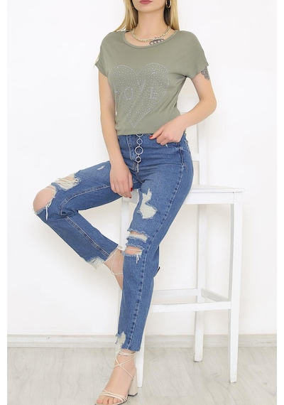 Zhlbutik Love Taşlı Bluz AçıkHaki
