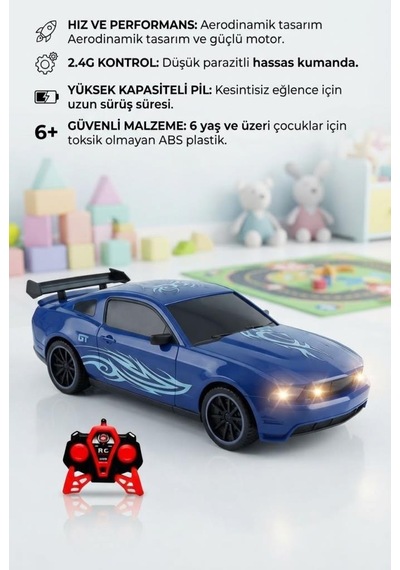 Mustang Dev Boyutlu Uzaktan Kumandalı Yarış Arabası Işıklı 1:10 Ölçekli 6 Fonksiyonlu Oyuncak Araba Mavi