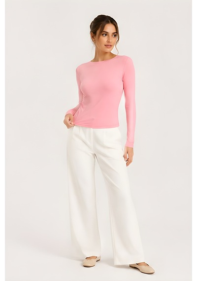 Lili Woman Kadın Thumbhole Fit Uzun Kollu Crop Bluz E.7006 Pembe