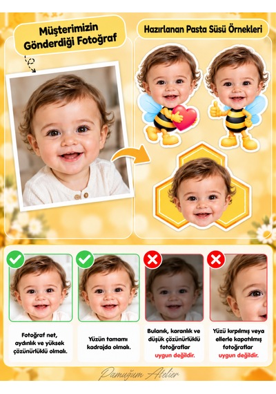 Pamuğum Atelier 12 Adet Kişiye Özel Fotoğraflı Arı Temalı Cupcake Süsü Bebek, Çocuk Doğum Günü Pasta Süsü