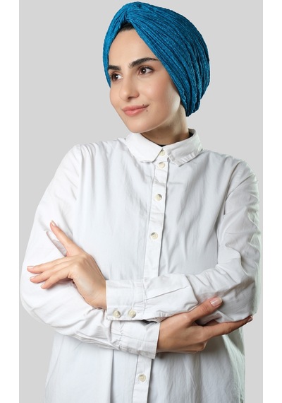 Hürrem Bone Petrol Mavisi Çapraz Büzgülü Piliseli Tesettür Bone Fukuro Kendinden Desenli 2316 17 Petrol Mavisi