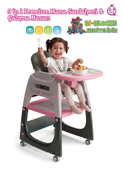 9'u 1 Arada Dönüşebilen Mama Sandalyesi Ve Aktivite Masası - Pembe