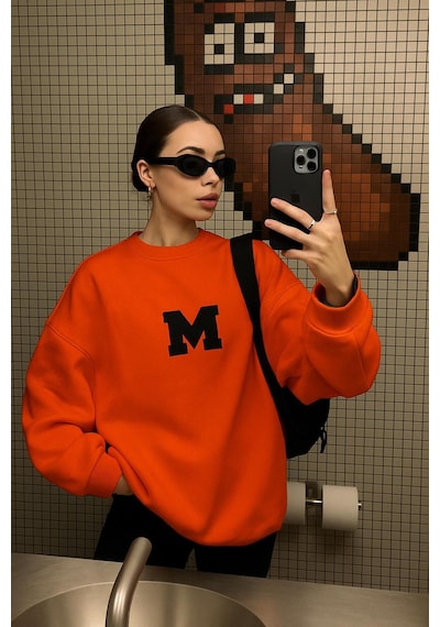 Benroma 3 İplik Penye M Baskılı Unisex Sweatshırt Turuncu