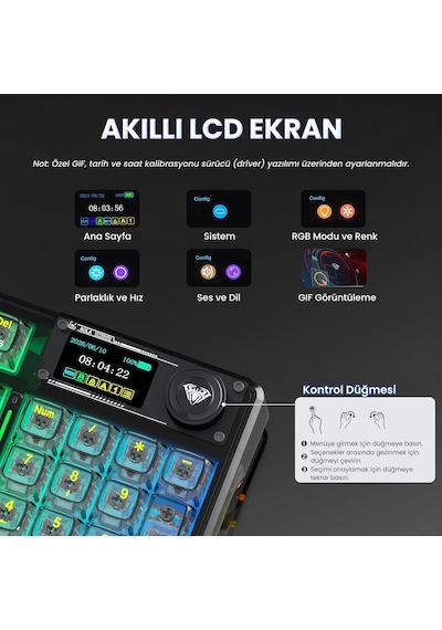 Aula F98 Pro V3 Oled Ekranlı Crystal Switch Makrolu Kablosuz Rgb Hot-swap Gasket Pre-lubed Switch Mekanik Klavye Şeffaf Siyah