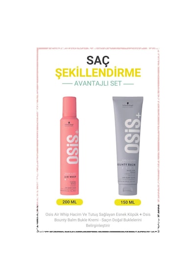 Schwarzkopf Osis+ Air Whip Hacim ve Tutuş Sağlayan Esnek Köpük 200 ML + Osis Bounty Balm Bukle Kremi 150 ML