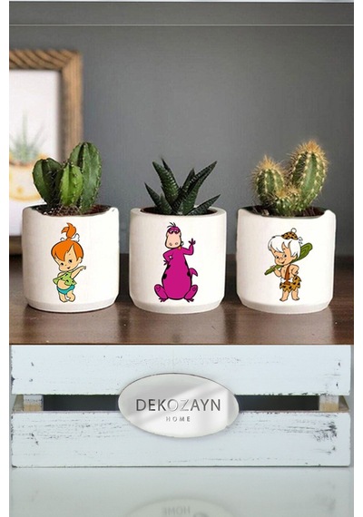 Taş Devri 3 Çakıl Bambam Kaktüs Desenli Saksı Üçlü Set- Sukulent Saksısı Hediyelik