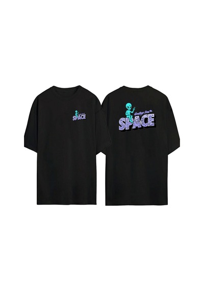 Thewert Unisex Greetings From Space Ön Arka Baskılı Sıyah Oversize T-shirt Siyah