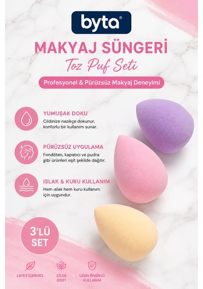 Smartthings 3 Lü Makyaj Süngeri Seti Yumuşak Dokulu Islak & Kuru Kullanıma Uygun Fondöten Ve Kapatıcı Süngeri