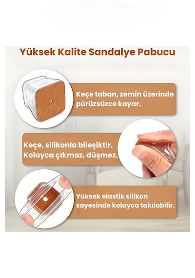 24 Adet Kare Sandalye Pabucu 3.3x3.3 Cm Şeffaf Silikon Keçeli Ayak Koruyucu