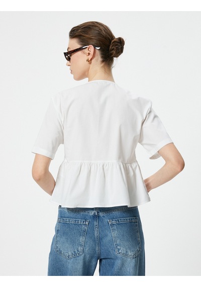 Koton Oversize Bluz Fiyonk Bağlama Detaylı Kısa Kollu Yuvarlak Yaka Pamuklu Beyaz 4sak60505uw Beyaz