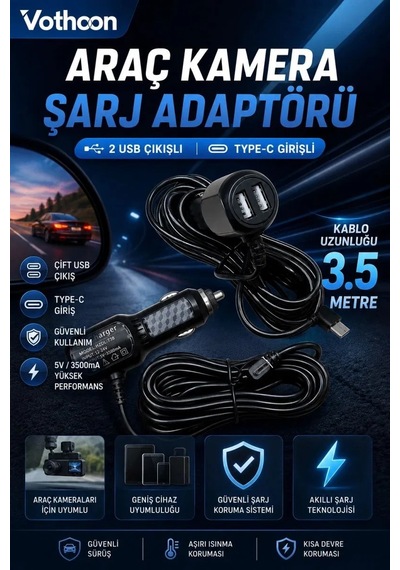 Araç Kamera Şarj Adaptörü 2 Usb Li Type-c Girişli 3. 5 Metre Kablo Uzunluğu Ürün Kamera Değildir