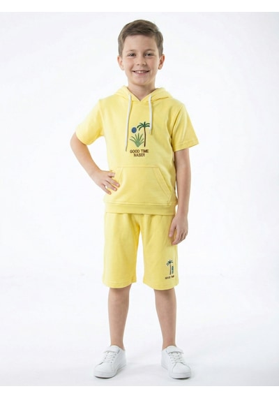 Xo Kids Erkek Çocuk Yazlık 2li Alt Üst Takım Tişort + Şort 8-14 Yaş 4221 Sarı