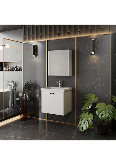 Karen Banyo Mimoza 60 Cm Lavabolu,aynalı Banyo Dolabı Seti,komple Mdf Seramik Lavabo Dahil,mdf Beyaz