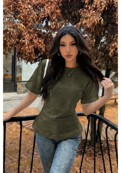 Kadın Bağcıklı Basic Tişört Belden Oturtmalı Şık Ve Modern Tasarım Haki