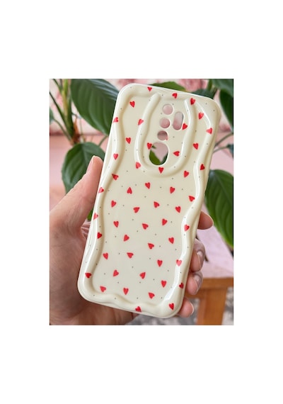 Fibaks Oppo A5/a9 2020 Uyumlu Kılıf Kamera Korumalı Dalga Kenarlı Kırmızı Kalp Desenli Silikon Kapak