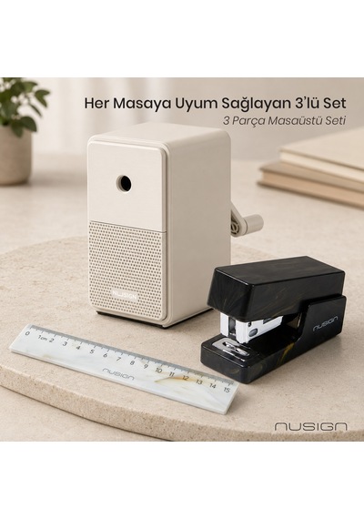 Nusign Kalemtraş &zımba & Makas Kırtasiye Seti -gri