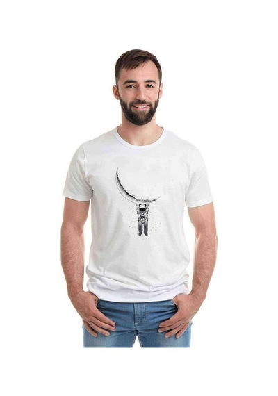 Astronot Aya Asılı Astronot Baskılı Beyaz Erkek Tshirt (534483376)
