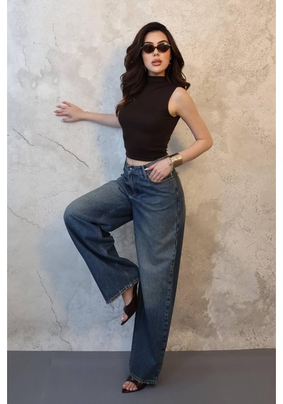 Alemdarshop Lacivert Geniş Paça Jeans Pantolon