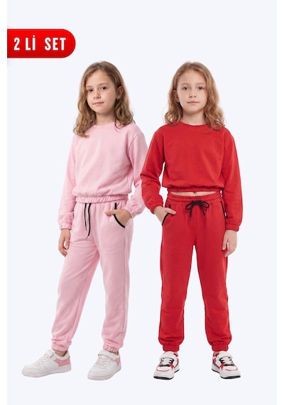 Panios Kids 2'li Yuvarlak Yakalı Beli Lastikli Crop Kesim 4 Parça Kız Çocuk Alt Üst Eşofman Takımı Pembe-kırmızı