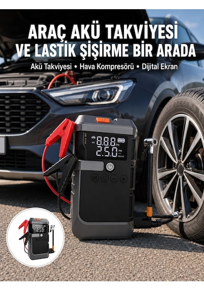 Mey İthalat Araç İçin 4 Fonksiyonlu Akü Takviye Ve Lastik Şişirme Cihazı Yeni Nesil