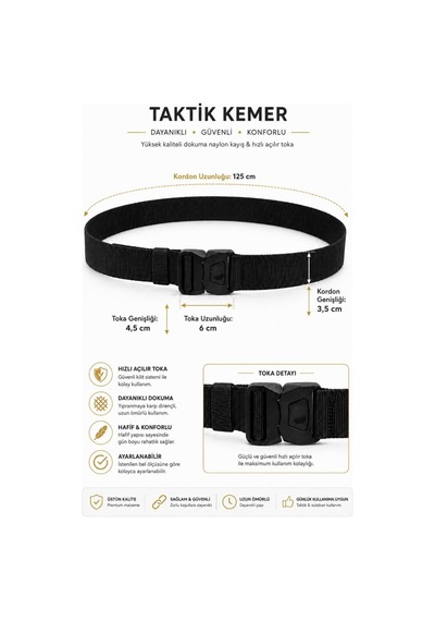 Single Sword Mekanizmalı Taktik Kemer 125 Cm Hızlı Açılır Tokalı Ayarlanabilir Kemer Siyah