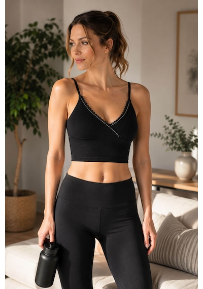 Kadın İp Askılı V Yaka Taşlı Kaşkorse Crop 6437 001