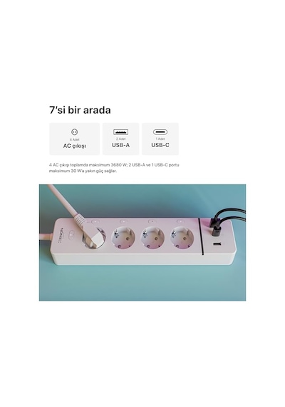 Xenon Smart Akıllı Çoklu Priz Wi-fi 4 Ac Çıkışlı 2 Usb-a Ve 1 Usb-c Portlu 7in1 180 Cm Kablo Google Home Ve Alexa Uyumlu Mobil Uygulama Kontrollü 3680w Güç Kapasiteli X7087