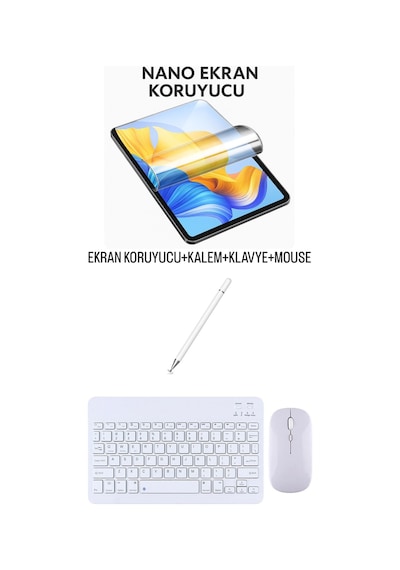 Apple Uyumlu iPad  Mini 4 Ekran Koruyucu Klavye Mouse Set Beyaz