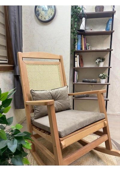 Asedia Veranda Naturel Vizon Minderli Hasırlı Sallanan Sandalye Dinlenme Koltuğu