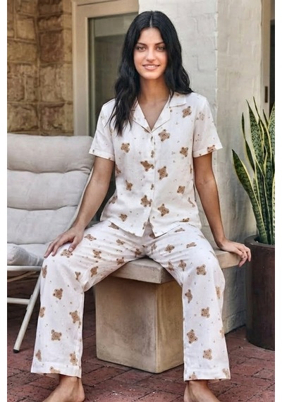Viskon Karışım Homewear Kırık Beyaz Pijama Takımı