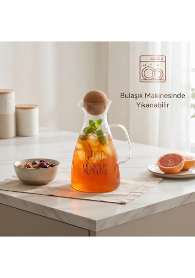 Sürahi Şık Modern Tasarım Sunum Yuvarlak Mantar Kapaklı Sürahi 1500 Ml Yüksek Kaliteli Cam