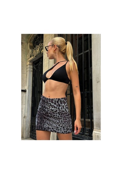 Winmoda34 Kadın Mini Leopar Tül İçi Astarlı Etek Gri-leopar
