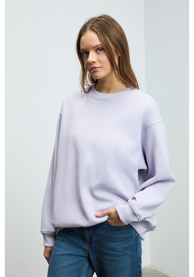 Grımelange KARIUS Kadın Organik Pamuklu İçi Polarlı Oversize Yuvarlak Yakalı Lila Sweatshirt