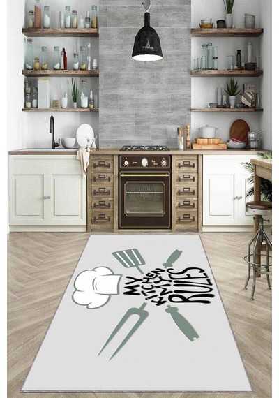 Gri Kaymaz Tabanlı My Kitchen My Rules Mutfak Halısı Mt01n11