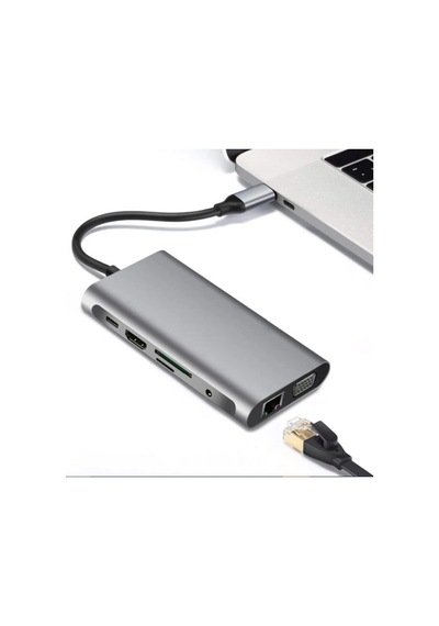 Ally 10 İn 1 Hdmı Vga Rj45 Pd Usb 3.0 Hub Adaptör Çoklayıcı- 5775 Gri