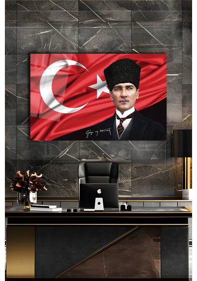 Atatürk Portre Ve Türk Bayrağı Yatay Cam Tablo Evlika, Modern Duvar Dekoru , Kurum Ofis İş Hediyelik Tablo
