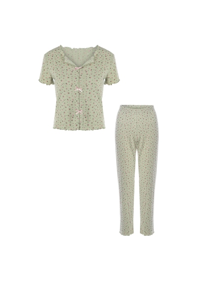 Koza İç Giyim Kadın Kısa Kollu Fiyonklu İndigo Fitilli Pijama Takımı Kk30131 Yeşil