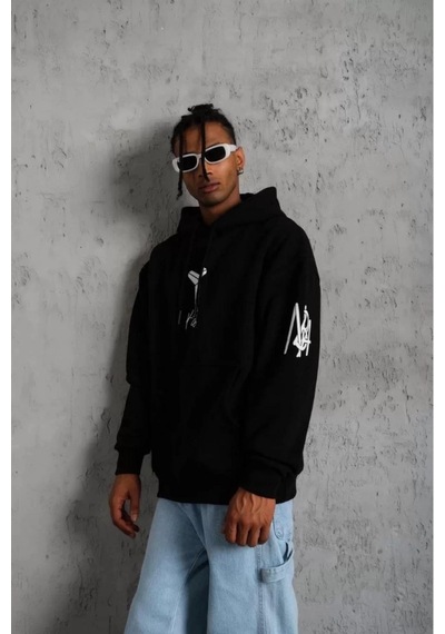 Erkek 3 İplik Pamuklu Kapüşonlu Kanguru Cepli Baskılı Oversize Hoodie Sweatshirt - Siyah