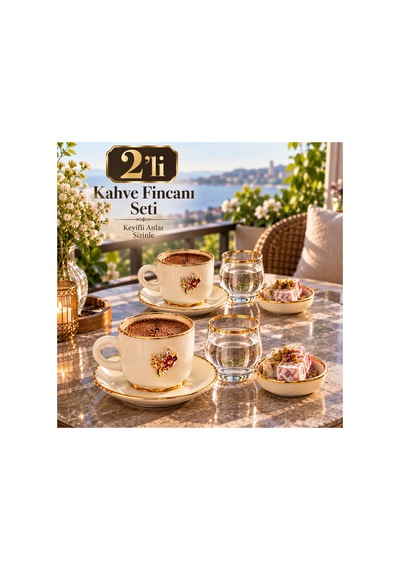 2 Kişilik Gold Detaylı Kahve Fincanı, Su Bardağı Ve Lokumluk Sunum Seti 8 Parça Beyaz