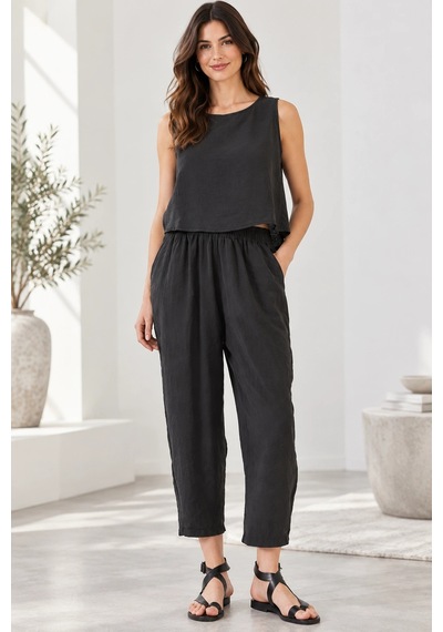 Mevese Beli Lastikli Modal Pantolon & Kalın Askılı Bluz Takımı - Siyah