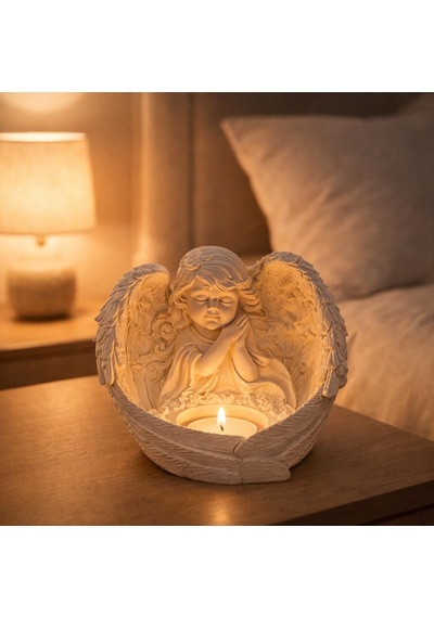 Melek Figürlü Dilek Tutan Tealight Mumluk, Taş Döküm, 13x15 Cm, Dekoratif Anma Ve Hediye Dekoru İçin Çok Renkli