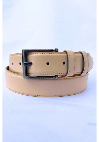 Parscraft Hakiki Deri Erkek Kemer 3,5 Cm Dikişli Bej Klasik Kumaş Pantolon Kemeri