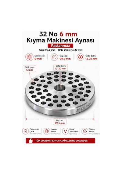 32 No 6 Mm Kıyma Makine Aynası Paslanmaz