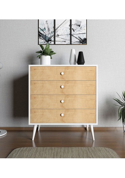Floradesign Luna Şifonyer / Çok Amaçlı Dolap/ Çekmeceli Şifonyer / Kapaklı Şifonyer / 4 Çekmeceli Şifonyer Meşe/beyaz