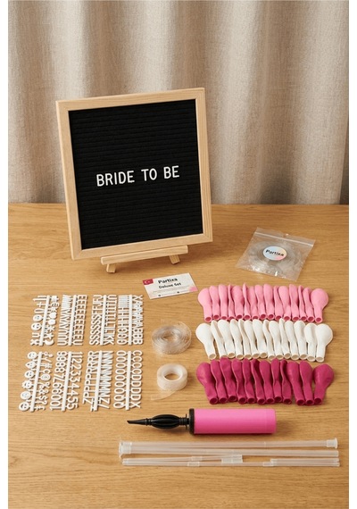 Bekarlığa Veda Bride To Be Süsleme Deluxe Set Siyah Keçe Yazı Panosu Standlı Balon Zincirli 7 Li Şeffaf Balon Standlı Yetişkin