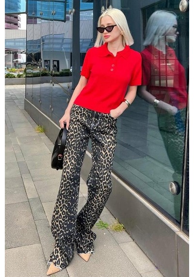 Seeh Siyah Leopar Palazzo Kadın Jean Pantolon Sh352 Desenli